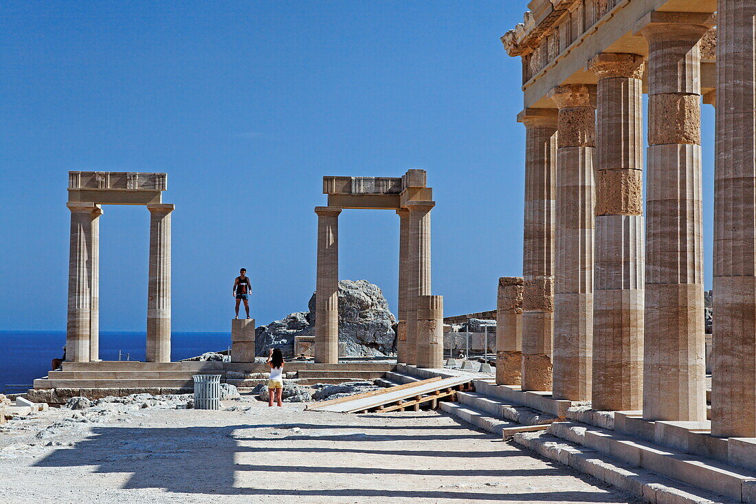 Reconstructed columns of the acropolis, Lindos, Rhodes, Dodecanese Islands, Greece, Europe