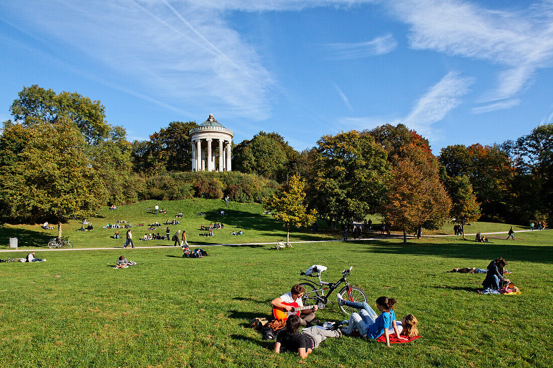 View over meadows onto Monopteros temple, Englischer Garten, English Garden, Schwabing, Munich, Upper Bavaria, Bavaria, Germany, Europe