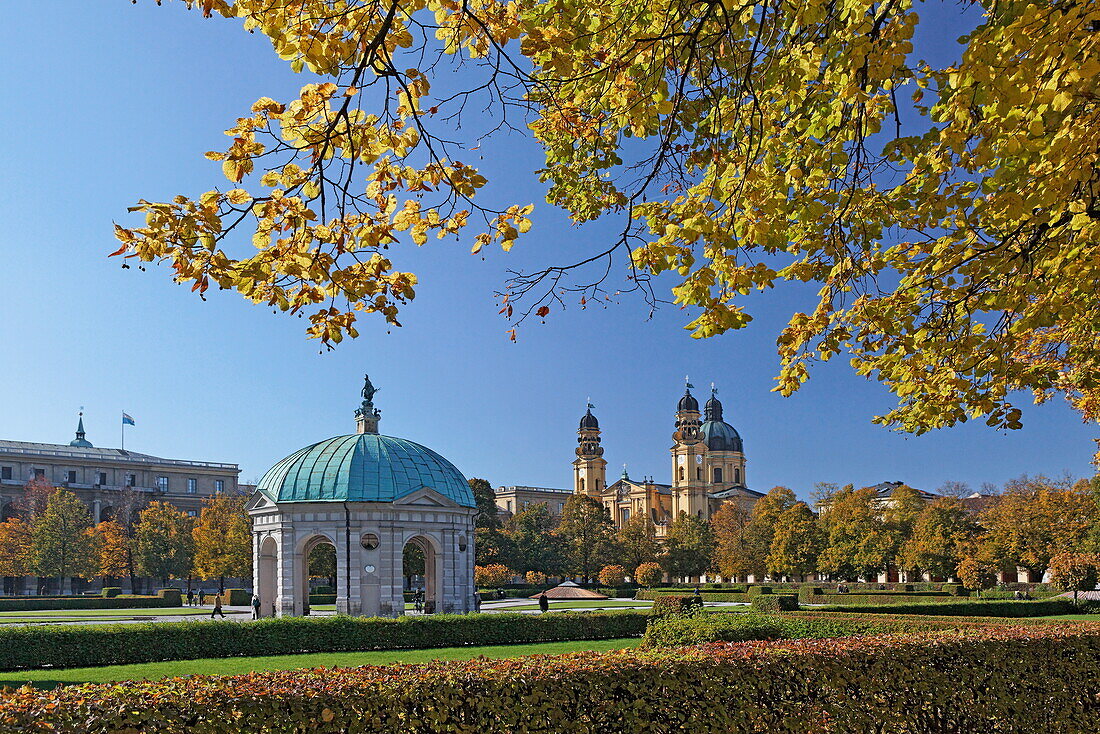 Hofgarten with Diana temple and church Theatinerkirche in autumn, Munich, Upper Bavaria, Bavaria, Germany, Europe