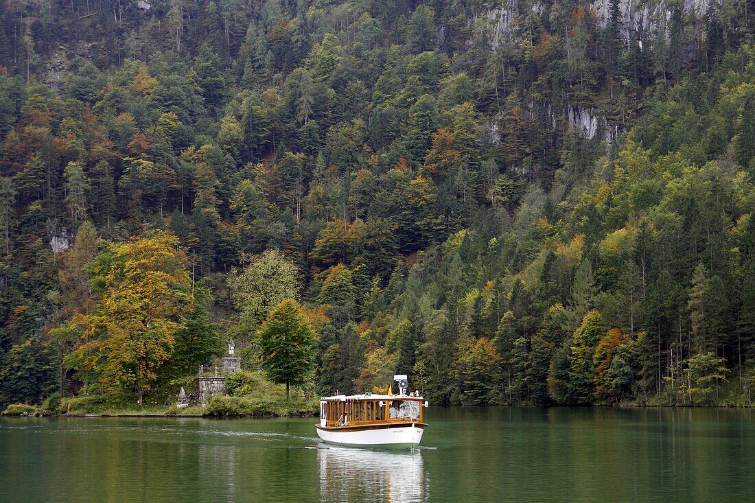 Germany Bavaria Berchtesgaden land Bavarian tour boat on the Konigsee in fall