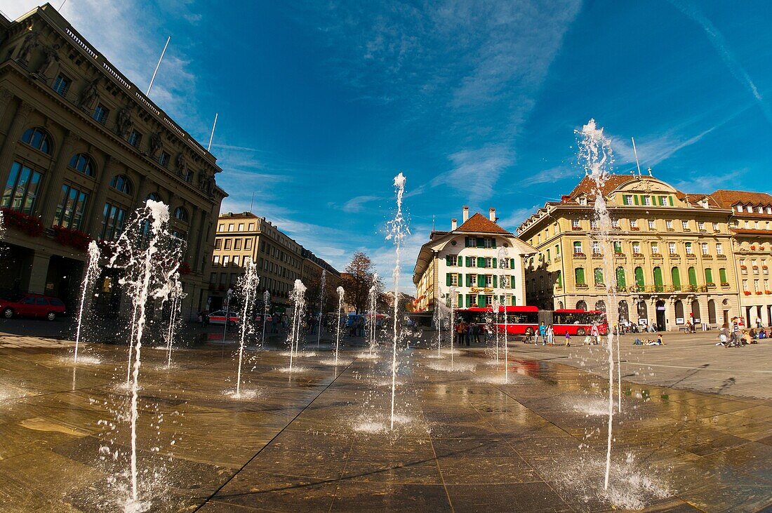 Water fountains in Bundesplatz Confederation Plaza, Bern, Canton Bern, Switzerland