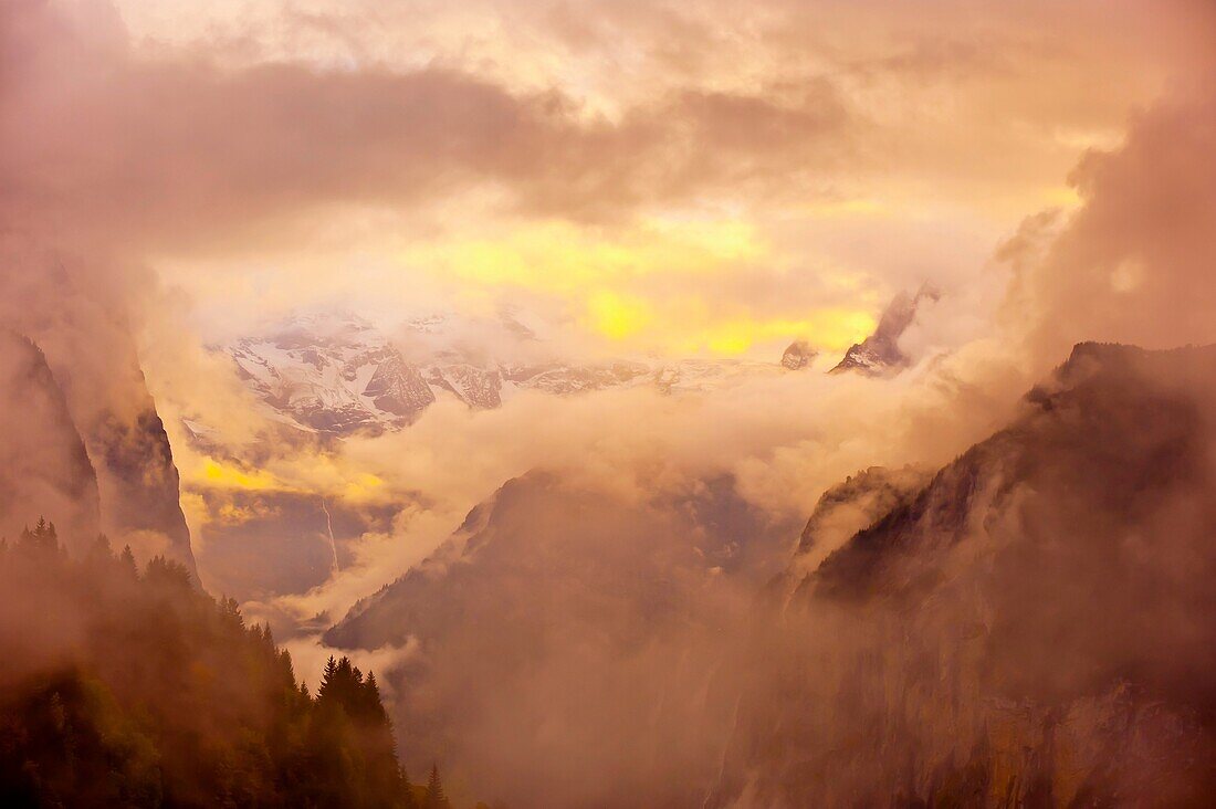 Dramatic weather in the Swiss Alps, seen from Wengen, Canton Bern, Switzerland