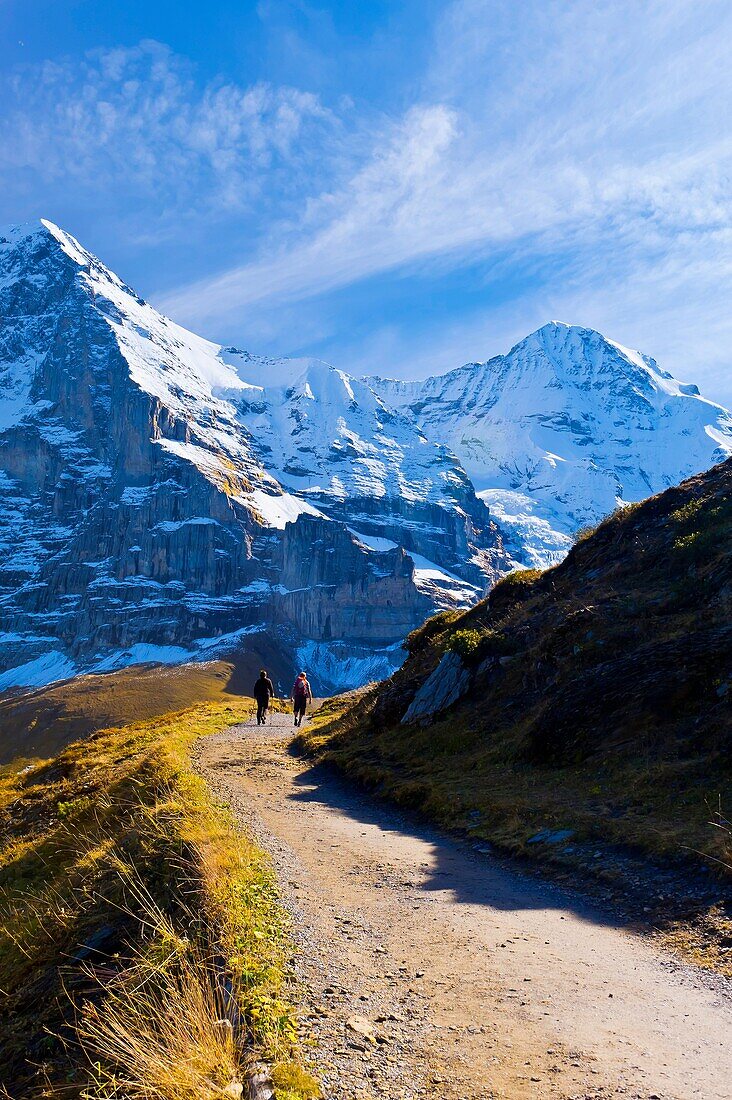 Hiking in the Swiss Alps from Mannlichen to Kleine Scheidegg, Canton Bern, Switzerland