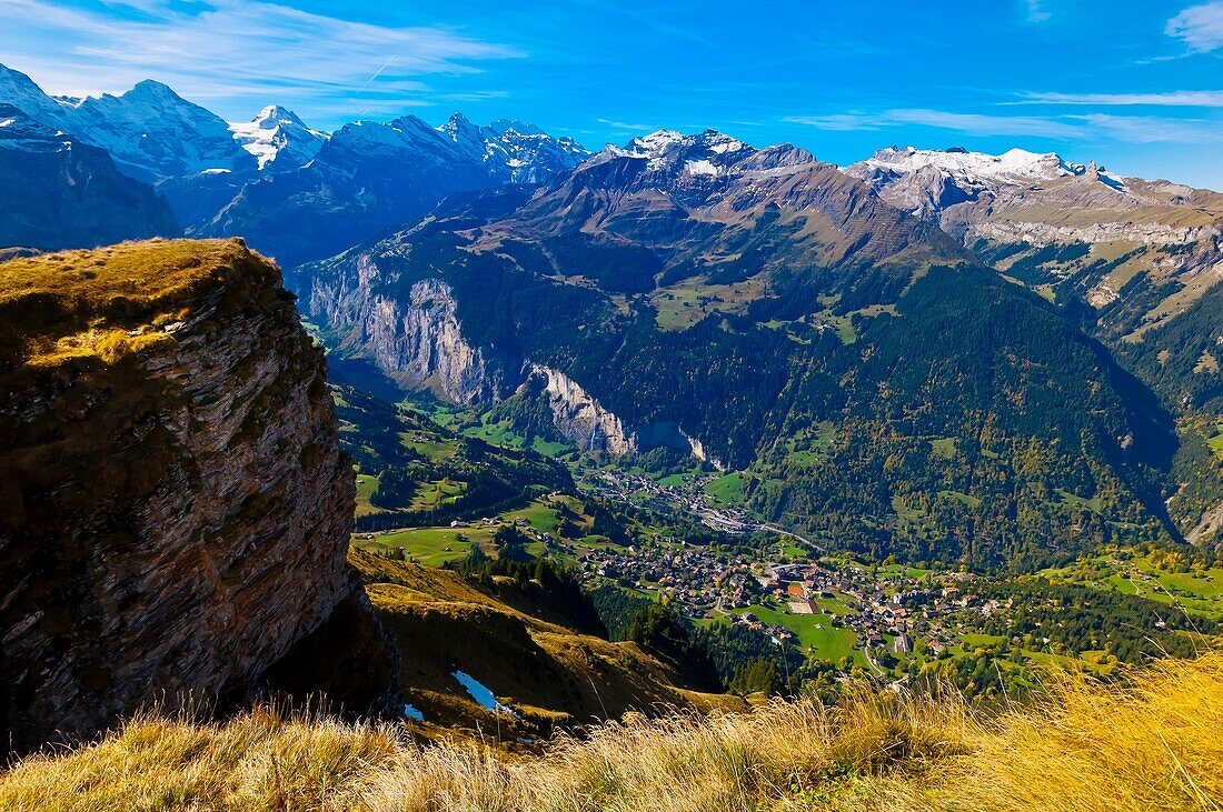 View down to Wengen from Mannlichen, Swiss Alps, Canton Bern, Switzerland