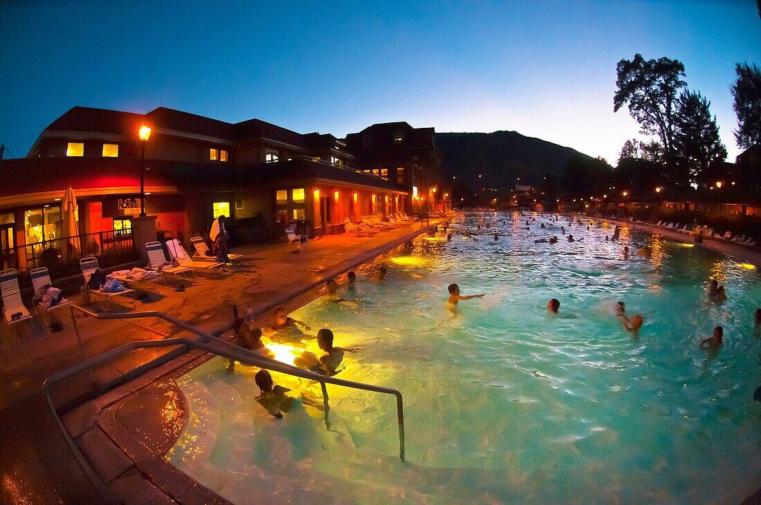 Mineral pools at twilight, Glenwood Hot Springs, Glenwood Springs, Colorado USA