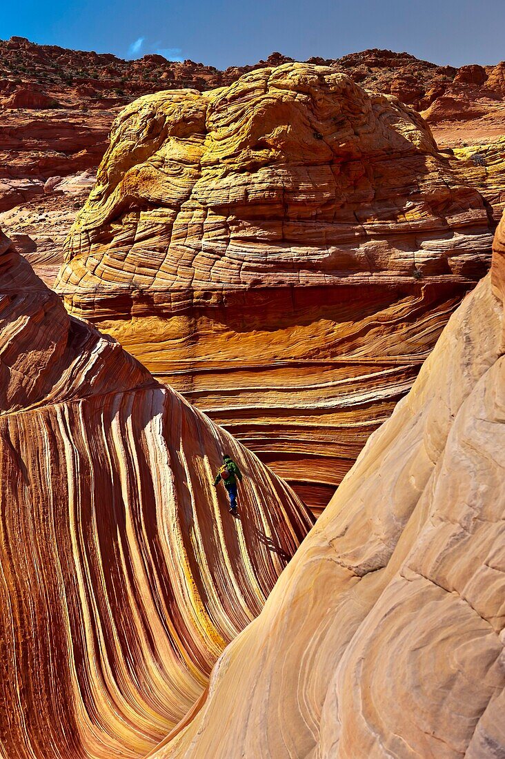 The Wave , a 190 million year old Jurassic-age Navajo sandstone rock formation, Coyote Buttes North, Paria Canyon-Vermillion Cliffs Wilderness Area, Utah-Arizona border, USA