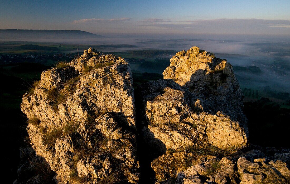 Jurassic Rocks, sunrise, morning mist, Franconian Switzerland, Bavaria, Germany