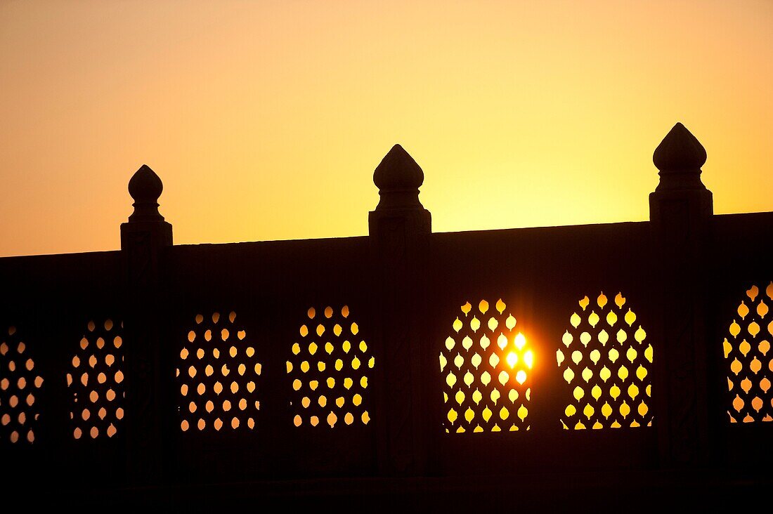 Carved balustrade, haveli, sunset, Phalodi, Rajasthan, India