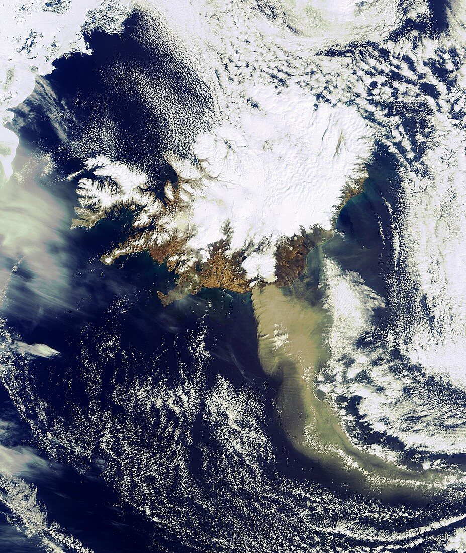 In this image taken on 19 April 2010 by ESA’s Envisat satellite, a heavy plume of ash from the Eyjafjallajoekull Volcano in Iceland is seen travelling in a roughly southeasterly direction  The volcano has been emitting steam and ash since its recent erupt