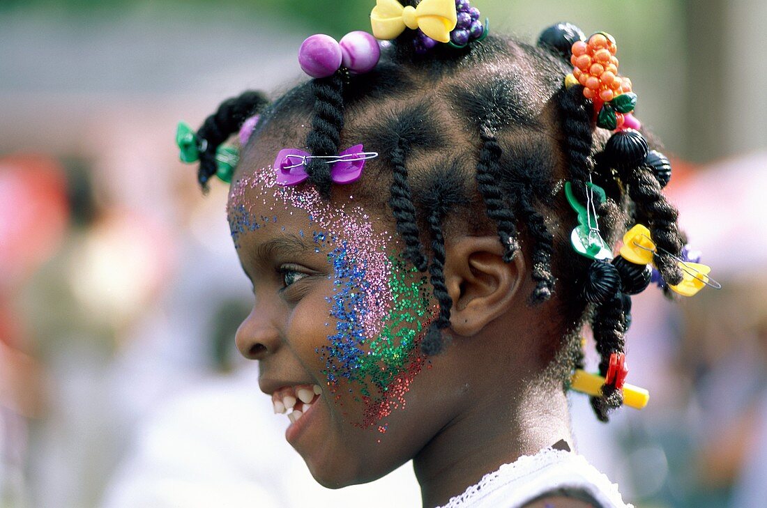 Caribbean, carnival, child, costume, festive, girl, . Caribbean, Carnival, Child, Costume, Festive, Girl, Glitter, Holiday, Landmark, Lucia, Makeup, Outdoors, People, Profile, Touris