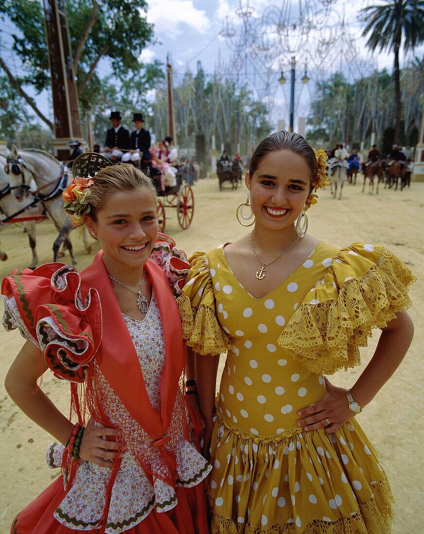 costumes, entertainers, Europe, european, fair, fla. Costumes, Dress, Entertainers, Europe, European, Fair, Flamenco, Holiday, Landmark, Outdoors, People, Seville, Seville fair, Spa