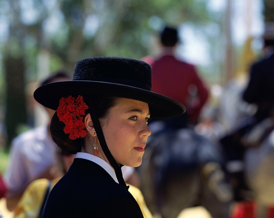 costume, Europe, european, hat, outdoors, Seville, . Costume, Europe, European, Hat, Holiday, Landmark, Outdoors, People, Seville, Seville fair, Spain, Europe, Spanish, Tourism, Tra