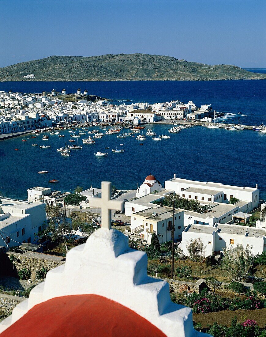 Aegean, boating, boats, church, cross, Cyclades, Cy. Aegean, Boating, Boats, Church, Cross, Cyclades, Dock, Europe, Greece, Europe, Harbor, Holiday, Hora, Islands, Landmark, Mykonos