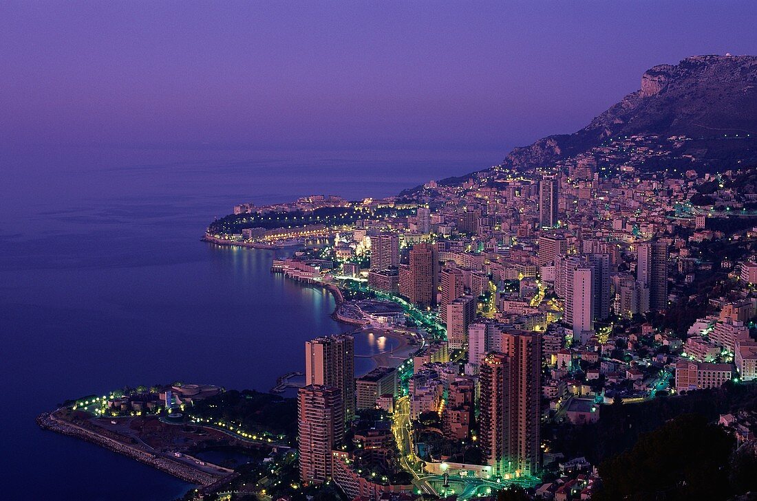aerial, carlo, coastal, dusk, Mediterranean, Monaco. Aerial, Carlo, Coastal, Dusk, Holiday, Landmark, Mediterranean, Monaco, Monte, Residential, Resort, Skyscrapers, Tourism, Travel