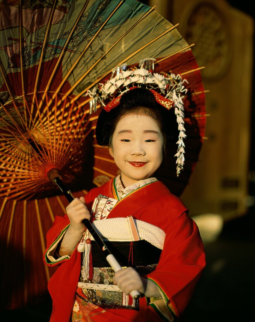 Asia, Asian, child, costume, cultural, culture, gei. Asia, Asian, Child, Costume, Cultural, Culture, Geisha, Girl, Hold, Holding, Holiday, Indoors, Japan, Japanese, Kimono, Landmark