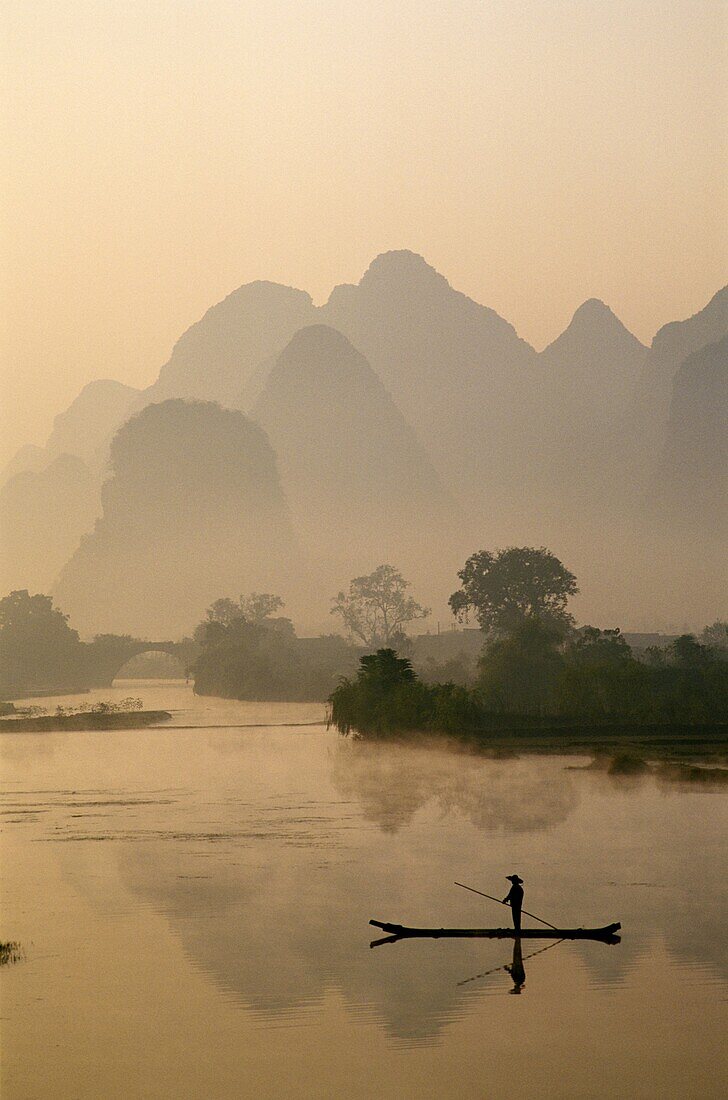 China, Asia, Dawn, Guangxi Province, Guilin, Li Riv. Asia, China, Dawn, Guangxi, Guilin, Holiday, Landmark, Li river, Limestone, Mountains, Province, River, Scenery, Tourism, Travel