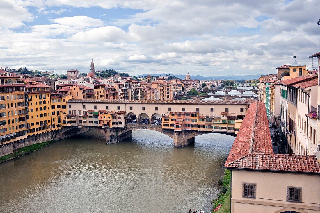 View of the river Arno and Ponte Vecchio. Florence Italy.