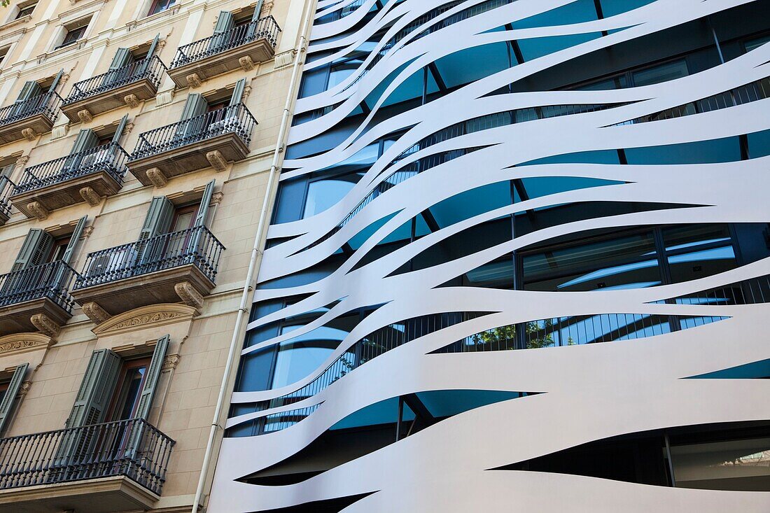 Spain, Barcelona, Old and New Balconies on the Passeo de Gracia