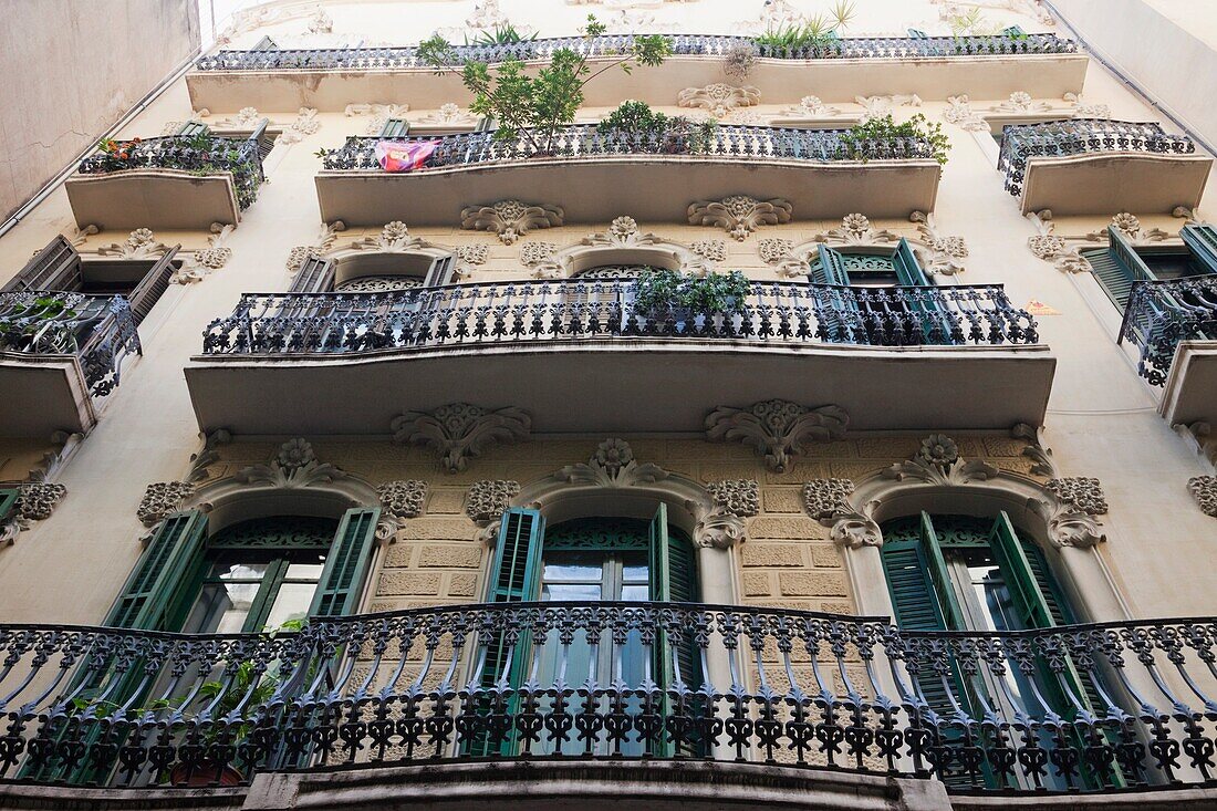 Spain, Barcelona, The Gothic Quarter, Apartment Balconies