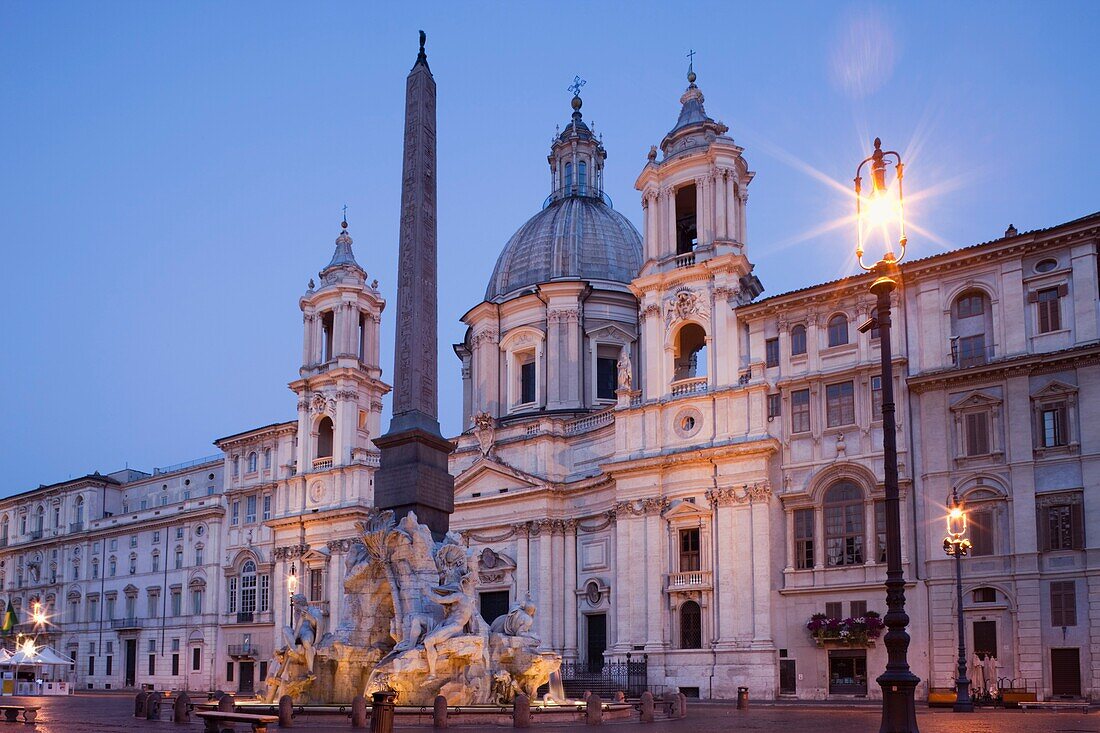 Italy, Rome, Piazza Navona, Fountain of the Four Rivers and Sant' Agnese in Agone Church
