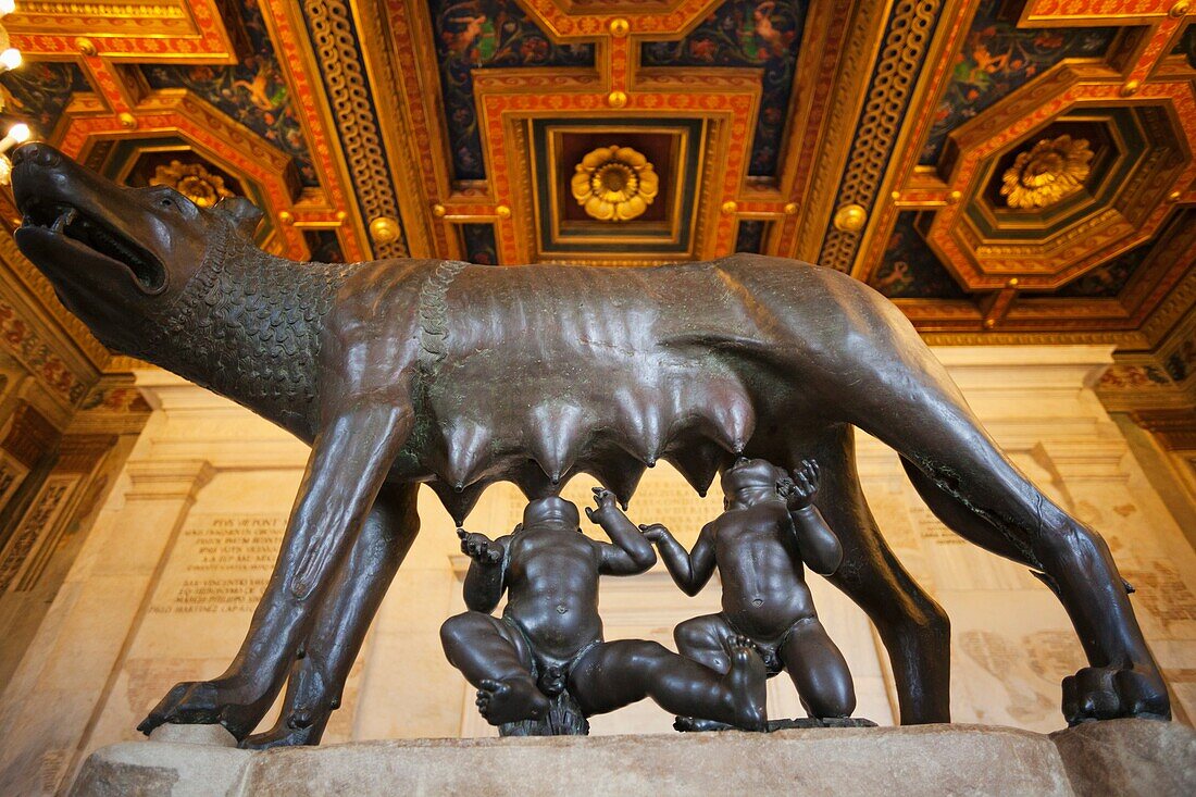 Italy, Rome, The Capital, Capitoline Museum, Etruscan Bronze Statue of the She Wolf and Romulus and Remus
