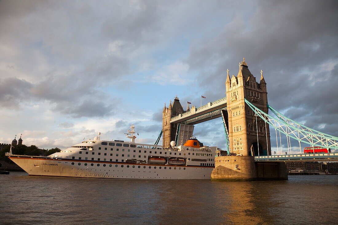 England, London, Tower Bridge and Cruise Boat