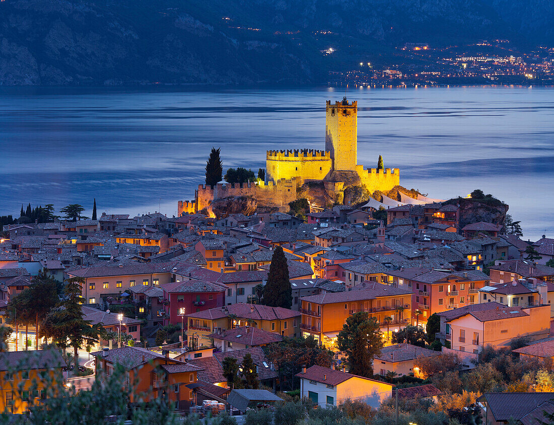 Malcesine castle in the evening light, Lake Garda, Malcesine, Veneto, Italy