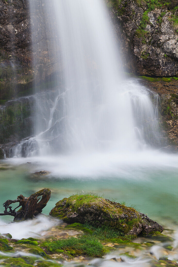 Waterfall in Vallesinella valley, Cascate di Vallesinella Alta, Brenta Adamello Nature Reserve, Madonna di Campiglio, Trentino, Italy