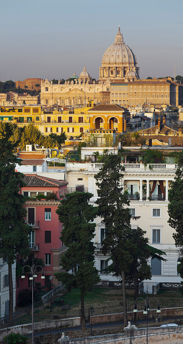 View of the town with St. Peters basilica in the background, Piazza del Popolo, Rome, Lazio, Italy