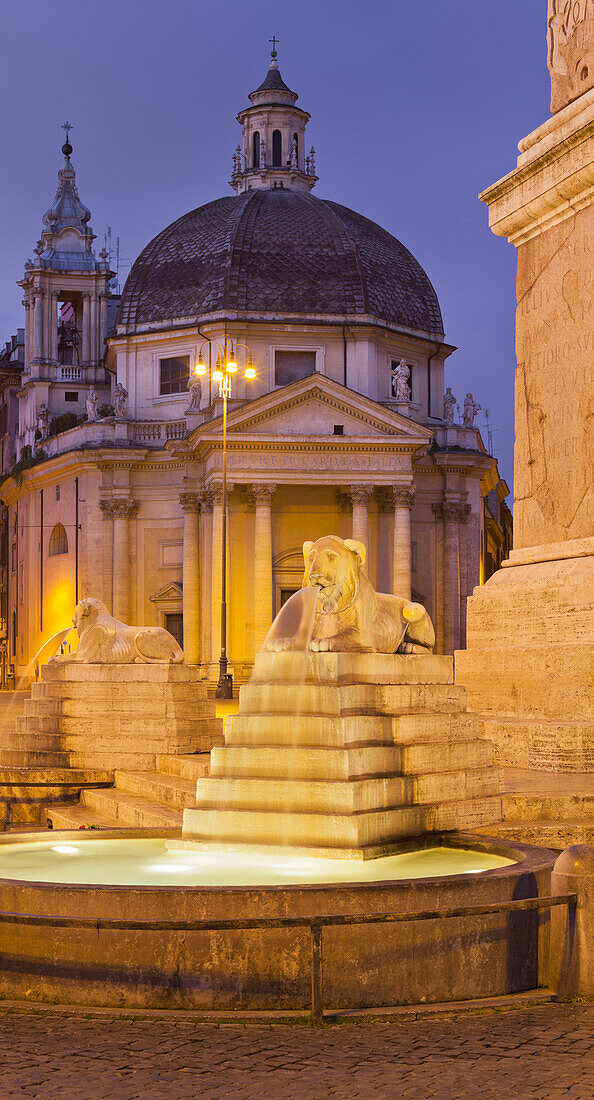 Piazza del Popolo in the evening light, Fontana dell' Obelisco, Rome, Lazio, Italy