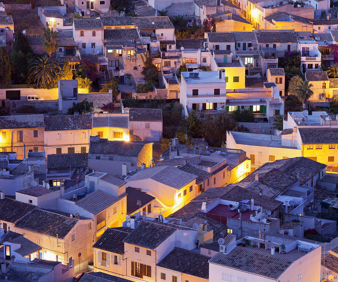 Illuminated houses, Capdepera, Majorca, Spain