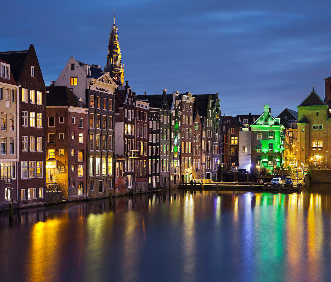 Dancing houses, Damrak, Oude Kerk church tower, Amsterdam, North Holland, Netherlands