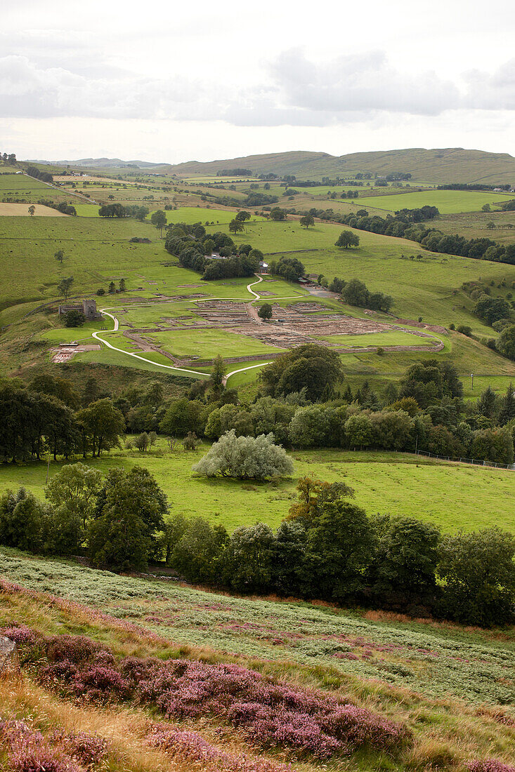 View over archaeological excavation Vindolanda, The Roman Vindolanda Fort, World Heritage Site, Bardon Mill, Hexham, Northumberland, England, Great Britain, Europe