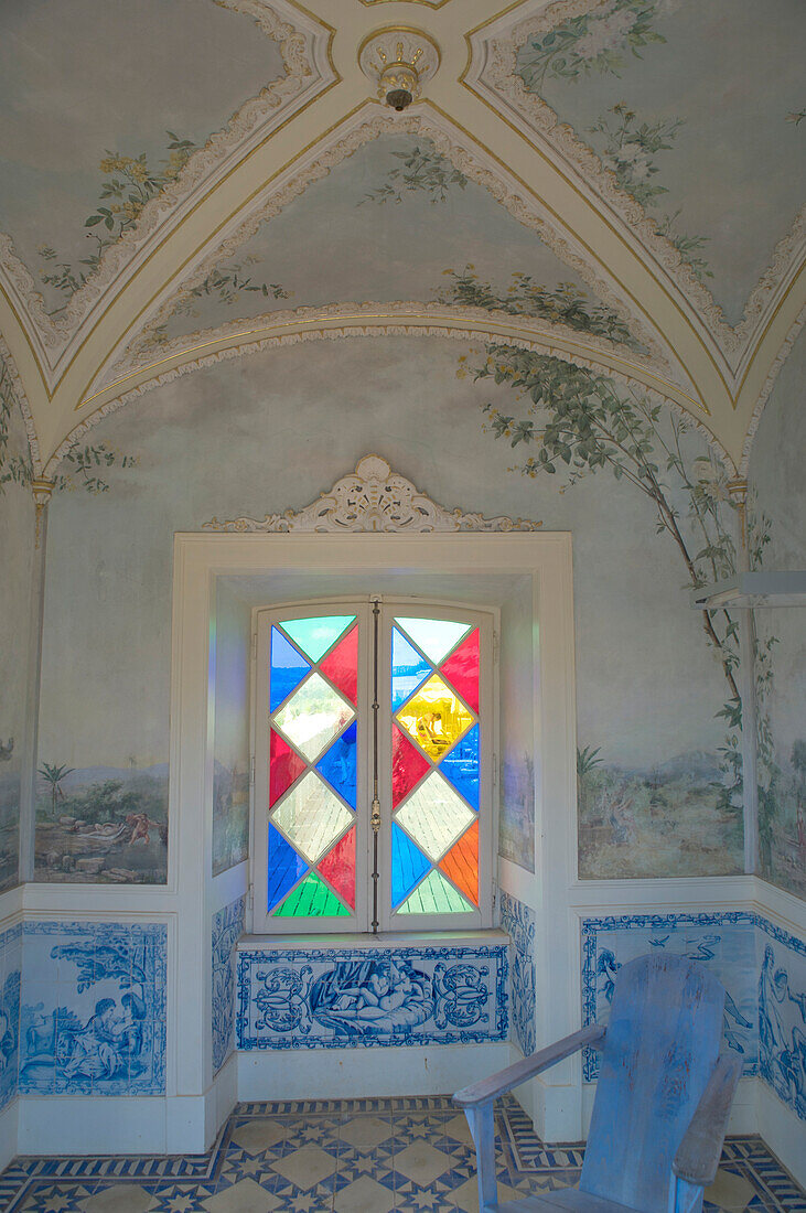 Rococo pavillion with hand painted tiles and colorful window, azulejos, Palacio de Estoi, Estoi, Algarve, Portugal, Europe