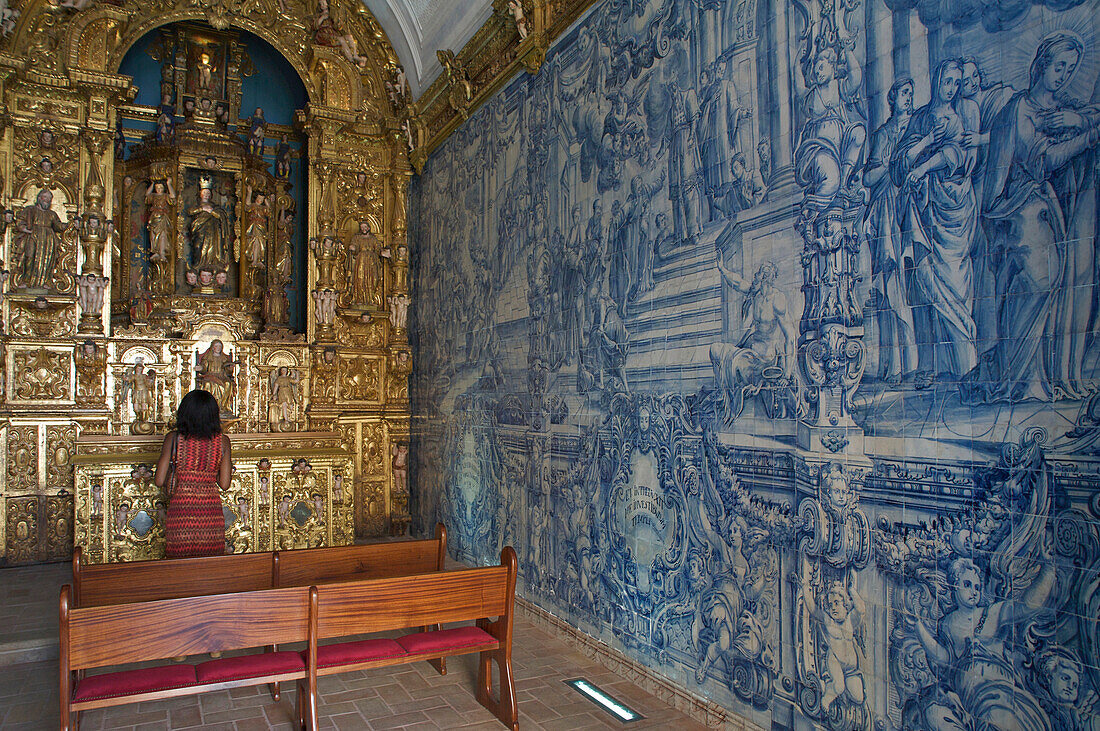Chapell with handpainted tiles azulejos at Loule, Loule, Algarve, Portugal, Europe