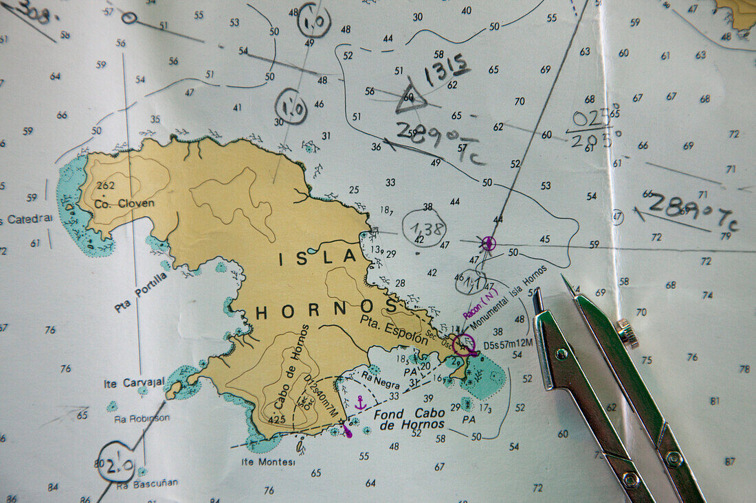 Sea chart aboard cruise ship MS Deutschland, Reederei Peter Deilmann, near Cape Horn, Cape Horn National Park, Magallanes y de la Antartica Chilena, Patagonia, Chile, South America