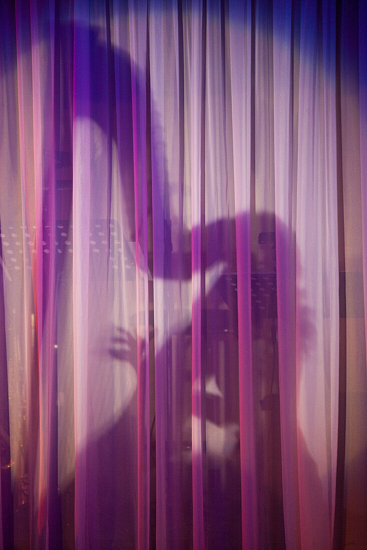 Shadow of harp player Ekaterina Afanasieva on curtain of Kaisersaal ballroom aboard cruise ship MS Deutschland, Reederei Peter Deilmann, South Pacific Ocean, near Peru, South America