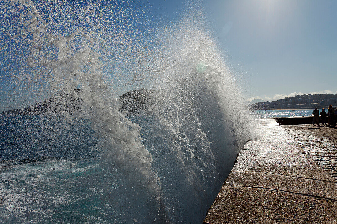 Breaking wave at the seaside promenade, Paseo del Peine del Viento, seafront, San Sebastian, Donostia, Camino de la Costa, Camino del Norte, coastal route, Way of St. James, Camino de Santiago, pilgrims way, province of Guipuzcoa, Basque Country, Euskadi,