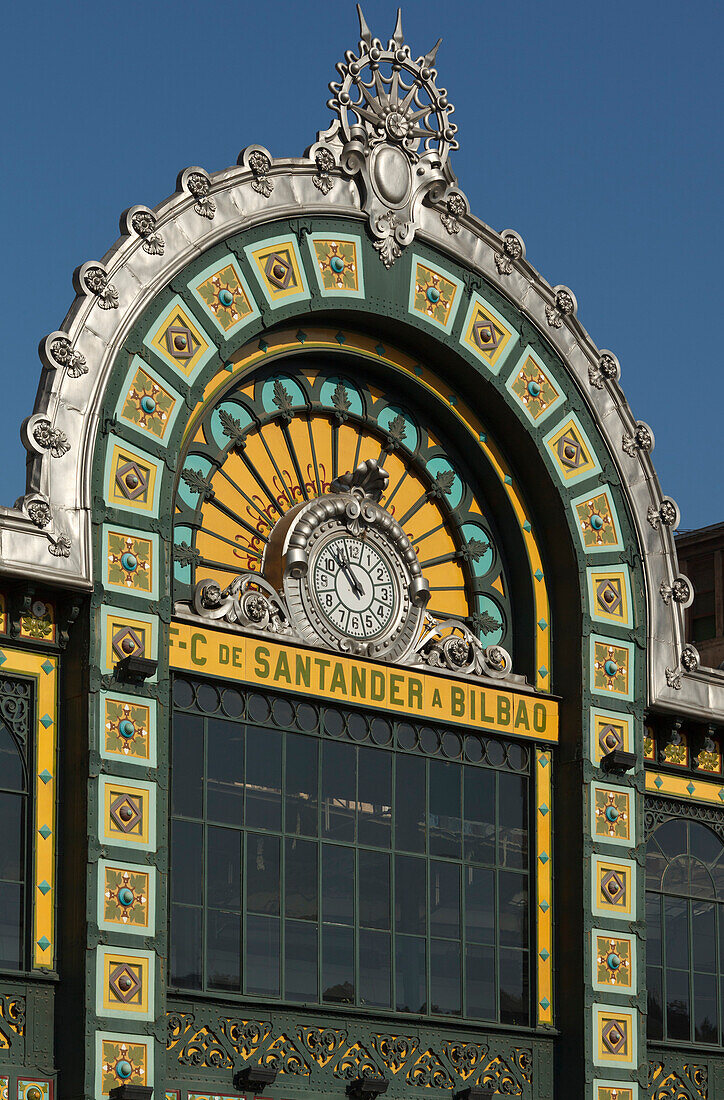 Detail of the facade of the central station, Bilbao, Province of Biskaia, Basque Country, Euskadi, Northern Spain, Spain, Europe