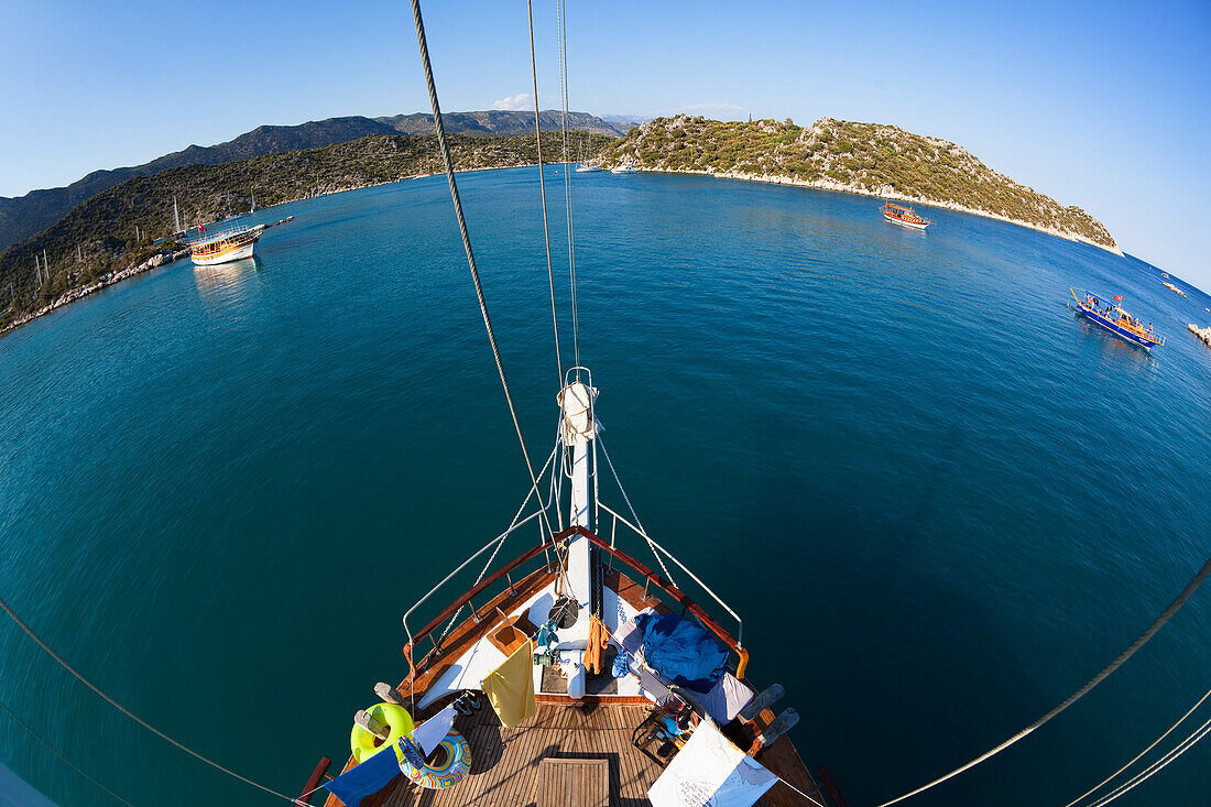 Sailing along the lycian coast, bay of Gokkaya, Kekova archipelago, Lycia, Mediterranean Sea, Turkey, Asia