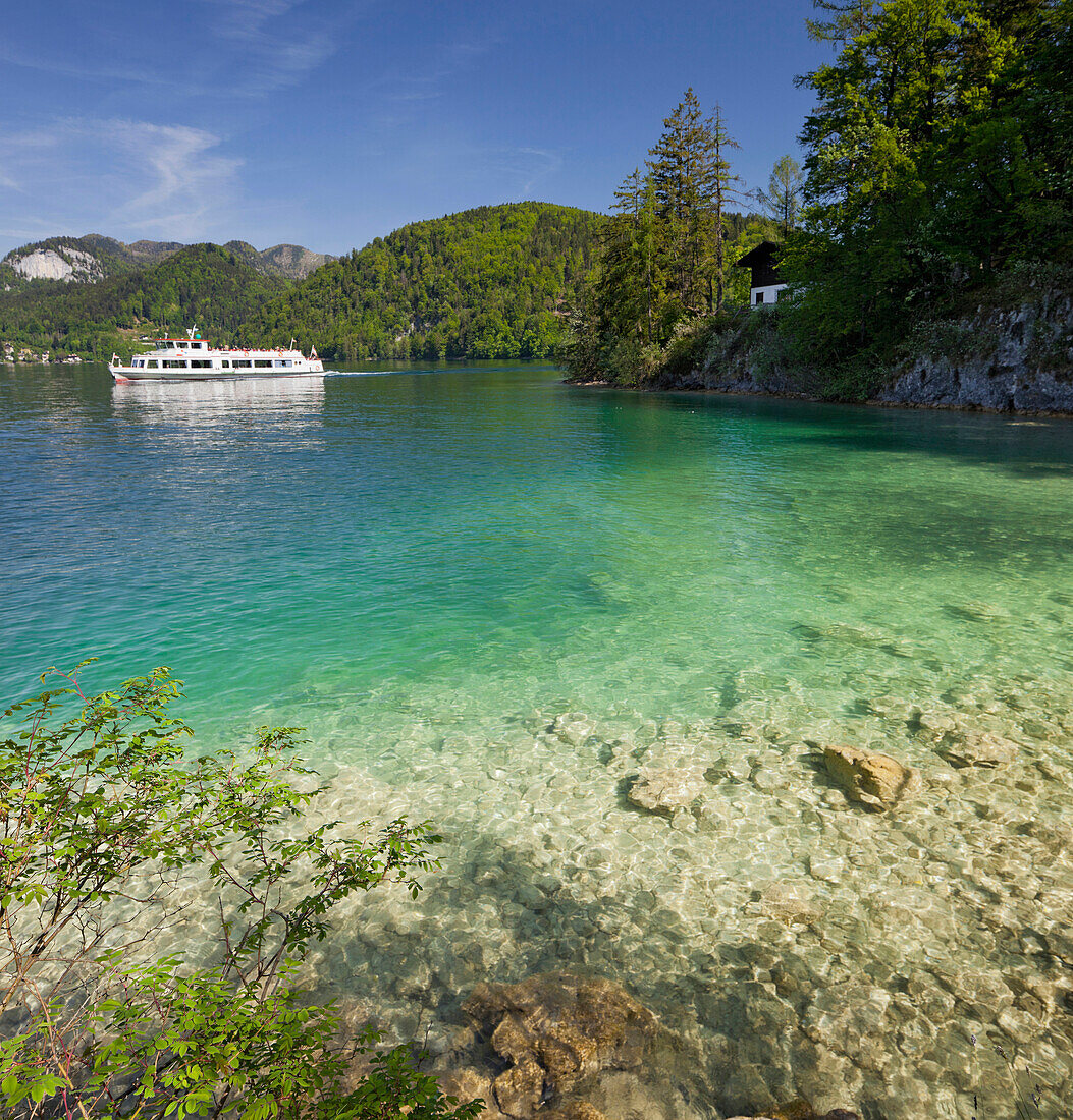 Ausflugschiff auf dem Wolfgangsee, Fürberg, Salzkammergut, Salzburg, Österreich, Europa