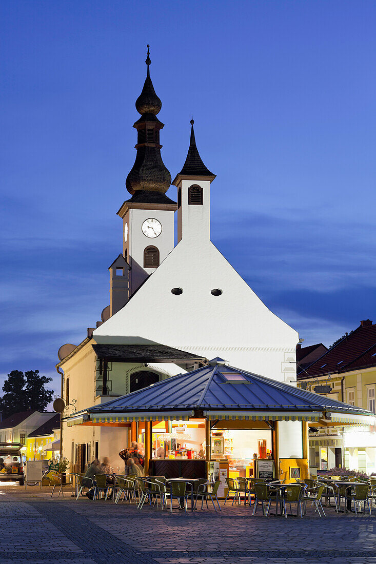 Illuminated church in the evening, Gmuend, Lower Austria, Austria, Europe
