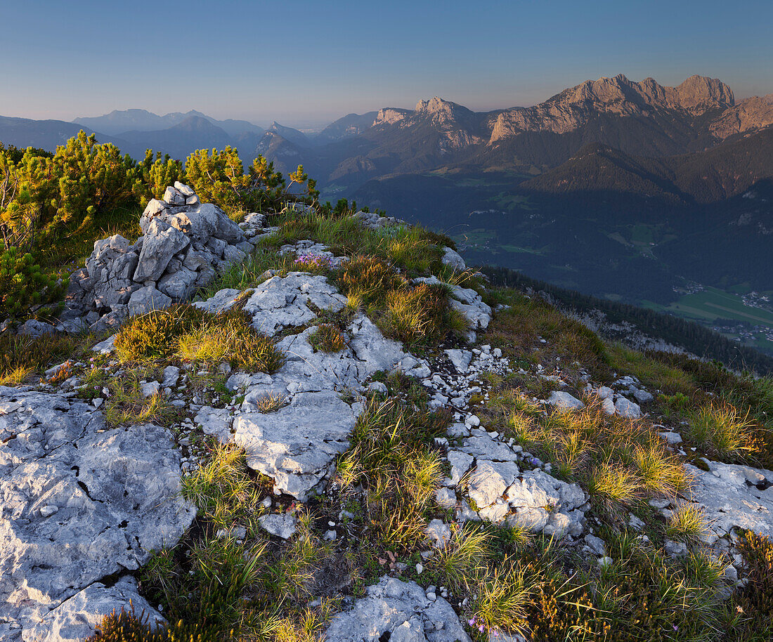 Grubhörndl gegen Reiter Steinberge im Abendlicht, Loferer Alm, Salzburg, Österreich, Europa