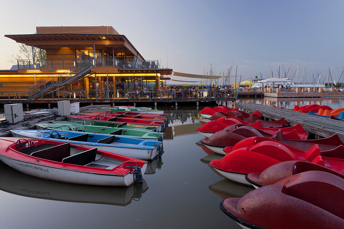 Boats in Rust and restaurant, Rust Bay, Lake Neusiedl, Burgenland, Austria