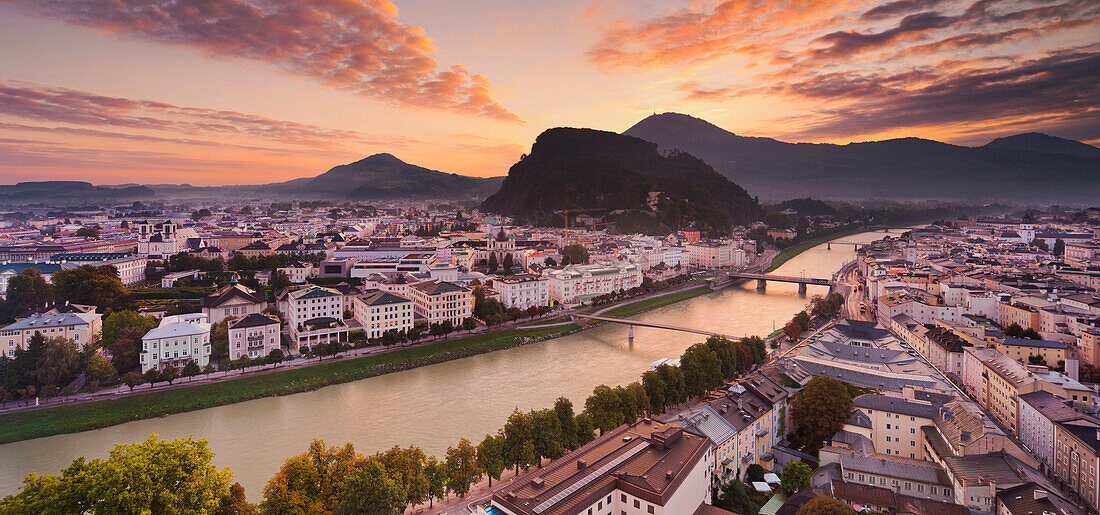 View across the town of Salzburg in the morning light, Salzach, Salzburg, Austria