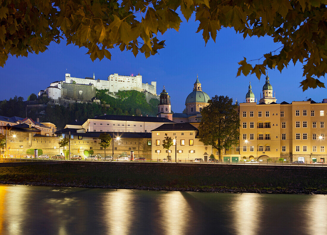 View across the river Salzach towards Festung Hohensalzburg, Salzburg, Austria