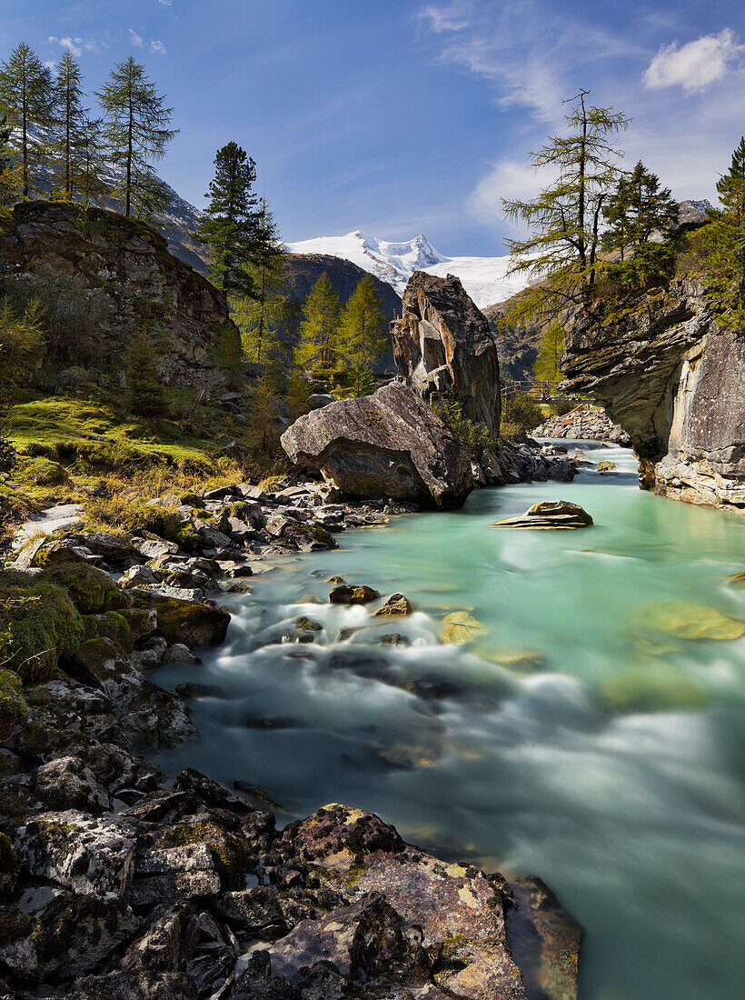 Gschloessbach river with Grossvenediger mountain in the background, Innergschloess, Hohe Tauern, East Tyrol, Tyrol, Austria