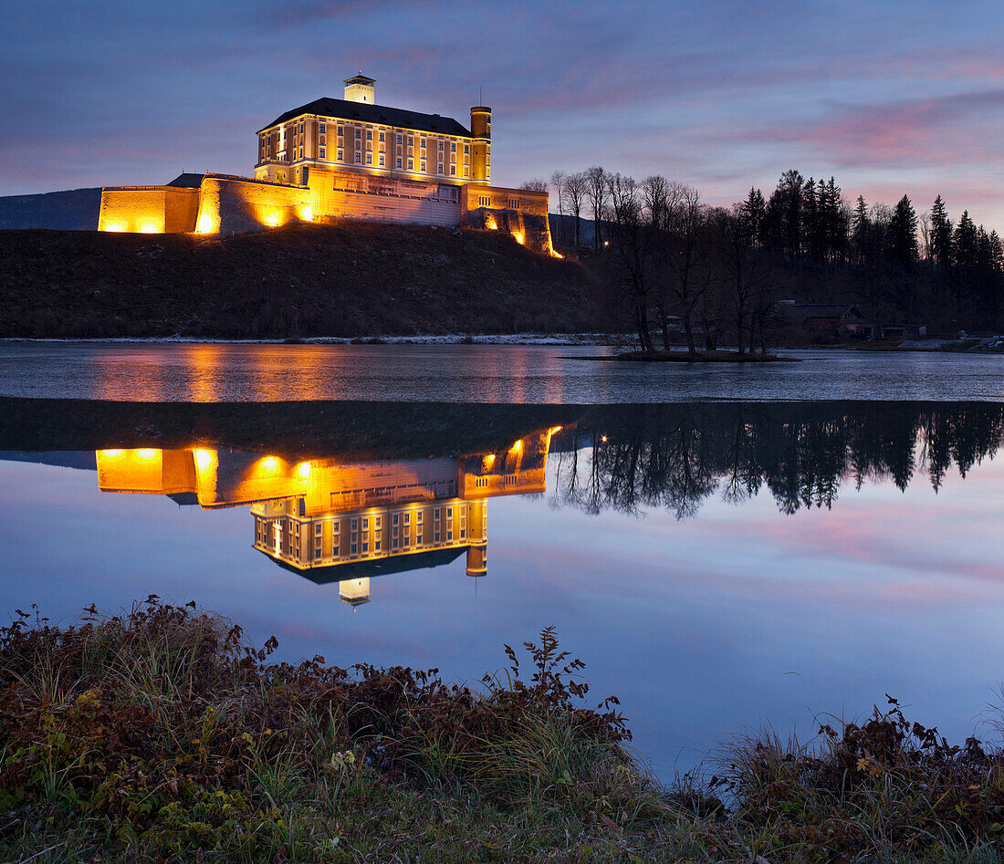 Trautenfels castle at night, Ennstal valley, Styria, Austria