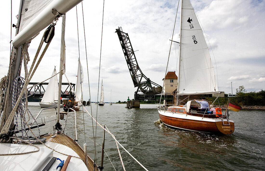 Sailingboats at the drawbridge in Lindaunis, Schlei, Schleswig-Holstein, Germany, Europe