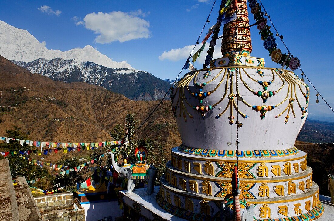 Stupa in Lhagyal Ri, near Tsuglagkhang complex In background the Himalaya mountains McLeod Ganj, Dharamsala, Himachal Pradesh state, India, Asia